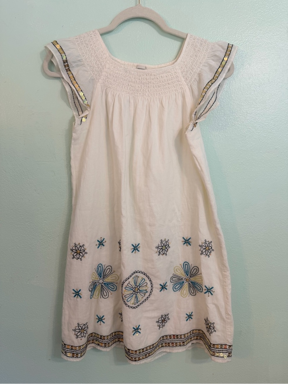 Old Navy White Embroidered Floral Sundress with Metallic Trim